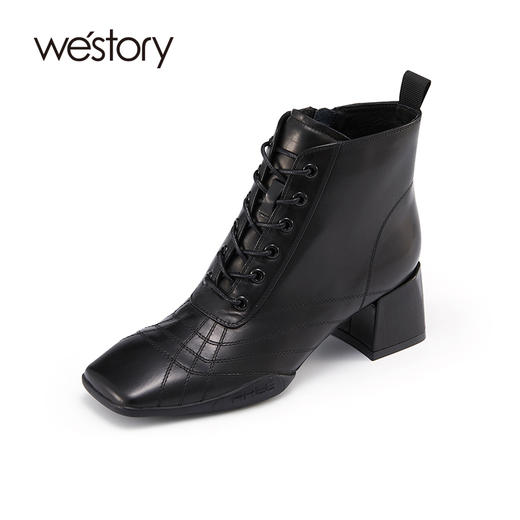 westory2021秋季新款粗跟时装靴系带压纹方头短靴S21DS44621 商品图0