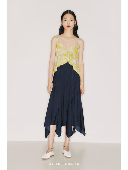 【Mimosa】品牌定制桑蚕丝印花斜裁不规则下摆吊带连衣裙/22000022 商品图0