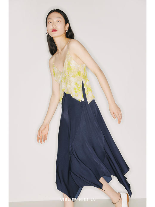 【Mimosa】品牌定制桑蚕丝印花斜裁不规则下摆吊带连衣裙/22000022 商品图1