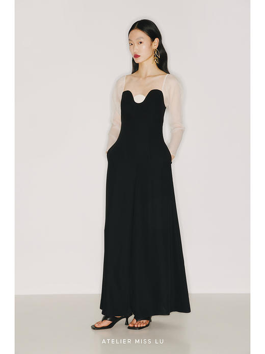 【月升王国】圆半初升领口设计象牙白薄纱拼接黑色高腰连体裤/22000003 商品图3