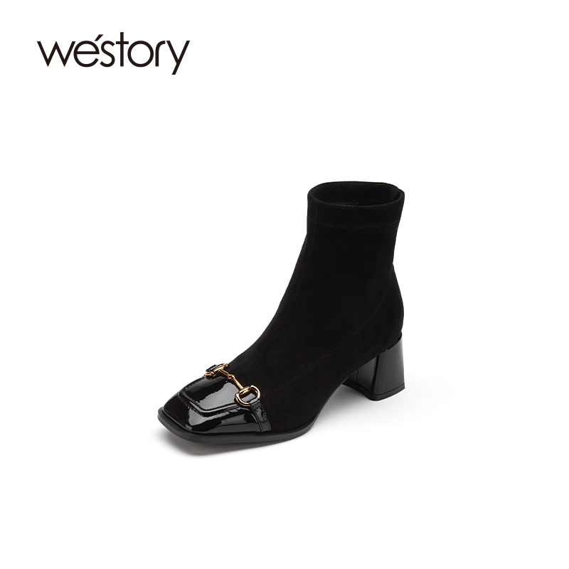 westory2021秋季新款时尚拼接方头绒面马衔扣粗跟短靴S21DS81241