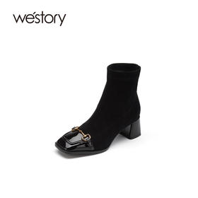 westory2021秋季新款时尚拼接方头绒面马衔扣粗跟短靴S21DS81241