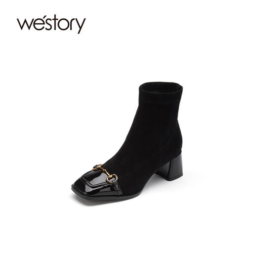 westory2021秋季新款时尚拼接方头绒面马衔扣粗跟短靴S21DS81241 商品图0