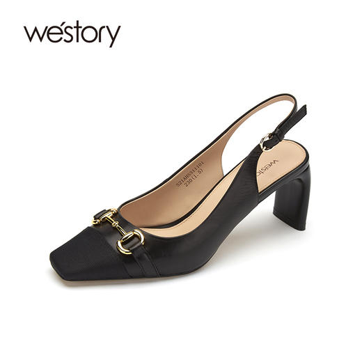 westory女鞋2021春季新款小牛皮凉鞋方头高跟后空单鞋S21AH53111 商品图0