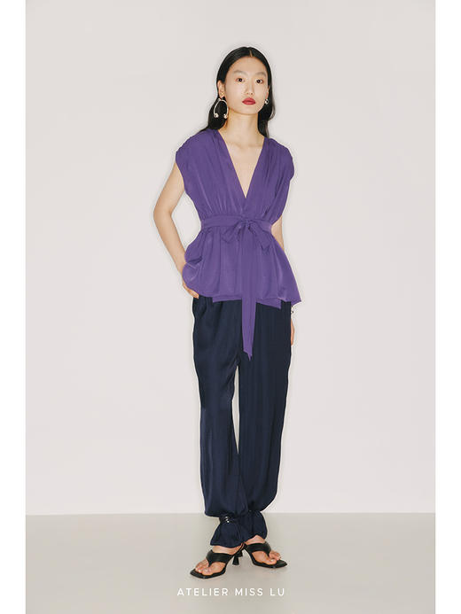 【竖琴】立裁垂褶设计高腰系带浓郁紫宽肩上衣/220021B 商品图0