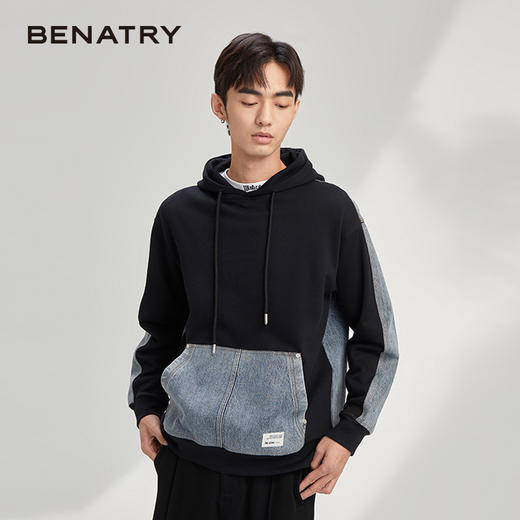 贝纳川宽松复古牛仔拼接卫衣男潮ins连帽情侣外套ECY324021402 商品图0