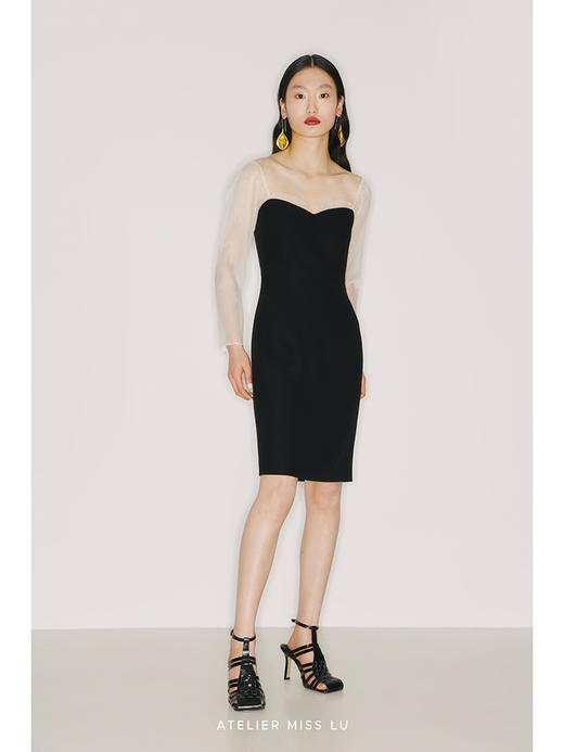 【鲸歌】爱心领薄纱拼接黑拼米白收腰连衣裙/2200007 商品图3