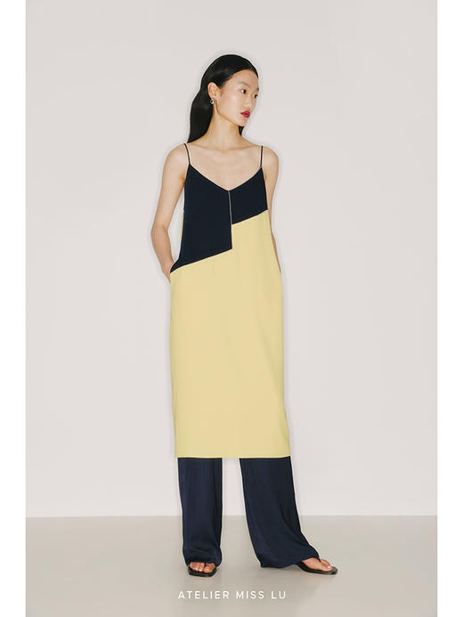【天际】手工金属订珠冰激凌黄撞色拼接微茧型吊带连衣裙/22000013 商品图1