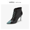 westory牛蛇皮拼接细高跟短靴女系带侧拉链冬新款80551 商品缩略图0