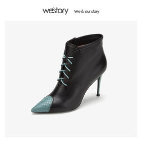 westory牛蛇皮拼接细高跟短靴女系带侧拉链冬新款80551