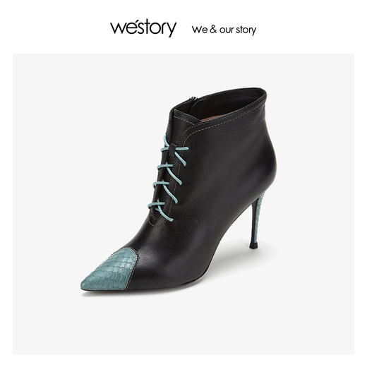 westory牛蛇皮拼接细高跟短靴女系带侧拉链冬新款80551 商品图0