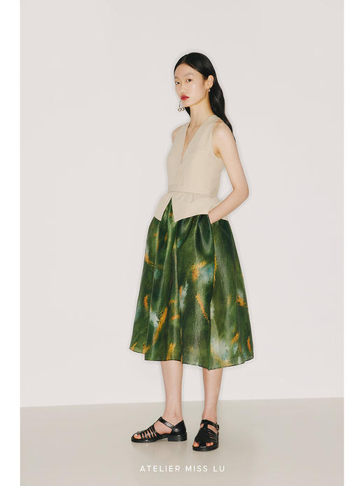 【莫奈花园】品牌定制印花欧根纱削肩马甲收腰连衣裙/22000014 商品图3