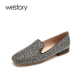 westory女鞋2021年春季新款细钻圆头一脚蹬低跟奶奶鞋S21AM53461