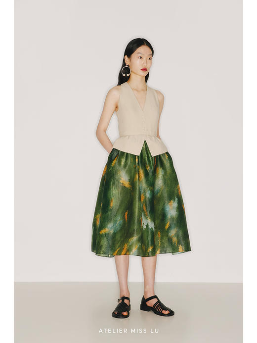 【莫奈花园】品牌定制印花欧根纱削肩马甲收腰连衣裙/22000014 商品图1