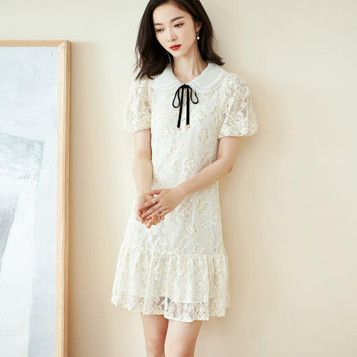 剩S/M/L/XL 芳外 夏季温婉优雅蕾丝中长裙宽松灯笼袖连衣裙1025 商品图1