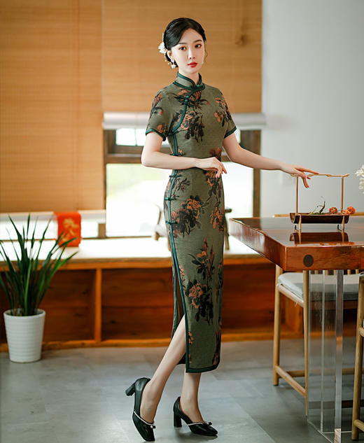 ZAYS-5114时尚改良宽边短袖旗袍日常复古气质立领中国风旗袍 商品图0