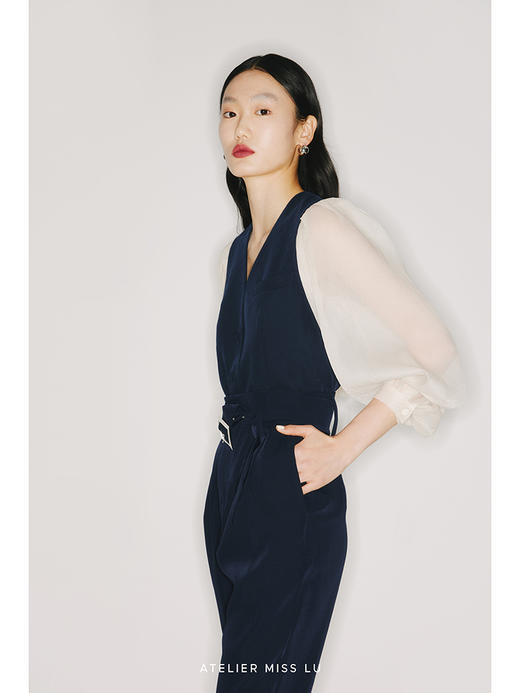 【彼方夜空】藏青高腰复古方扣腰带烟管长裤/00096 商品图2