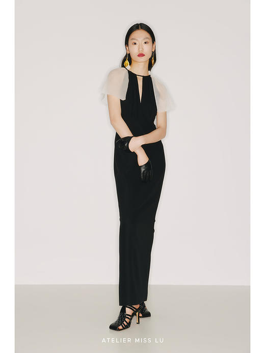 【坠入】细V镂空象牙白薄纱拼接黑色收腰长裙/22000004 商品图3