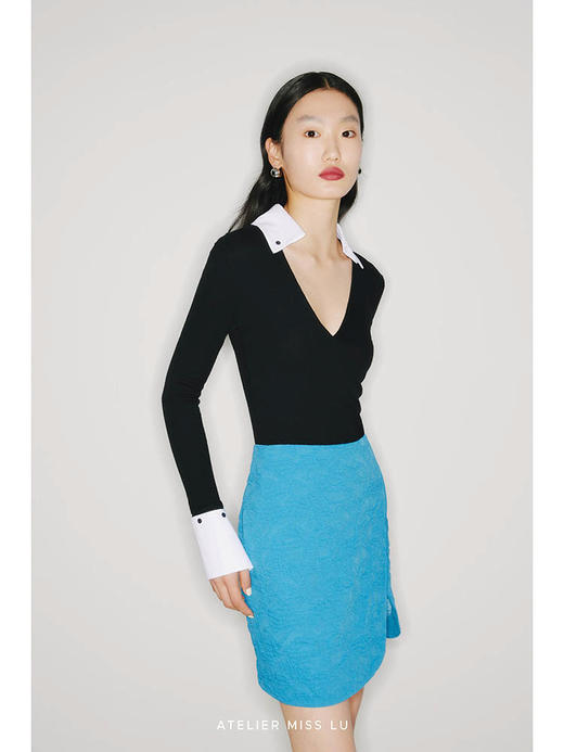 【岛屿环游】圆弧下摆拼接伊比萨蓝质感肌理面料开叉短裙/220004 商品图1