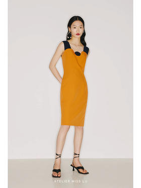【午后海平线】圆半初升领口设计日落黄撞色修身连衣裙/22000026B