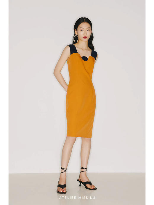 【午后海平线】圆半初升领口设计日落黄撞色修身连衣裙/22000026B 商品图0