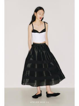 【旋转木马】条纹拼接欧根纱黑色复古高腰伞裙/220003