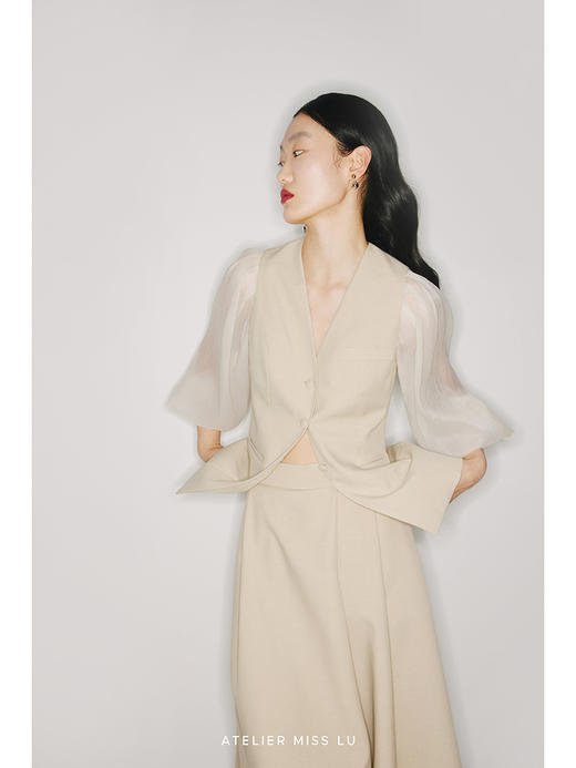 【骑士公主】象牙白透纱廓形长袖燕麦浅驼收腰马甲/220016A 商品图2