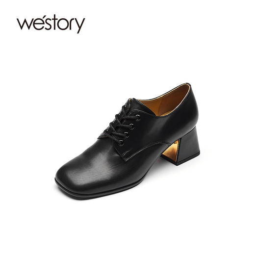 westory2021秋季新品方头粗跟高跟鞋英伦风系带小皮鞋W21CM71661 商品图0
