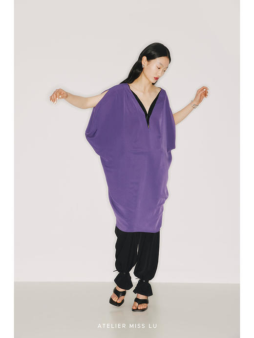 【微风】环保PU皮质撞色拼接浓郁紫立裁连衣裙/22000029 商品图2