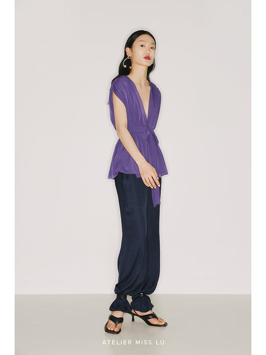 【竖琴】立裁垂褶设计高腰系带浓郁紫宽肩上衣/220021B 商品图2