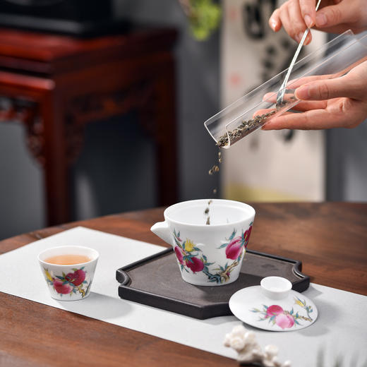 富玉  景德镇陶瓷茶具 粉彩玲珑三多旅行茶具便携旅行装 商品图0