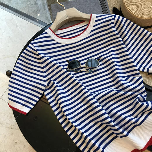 「79元入手！针织款」清爽蓝白条纹宽松圆领/V领海魂衫针织衫T恤女夏薄上衣 商品图0
