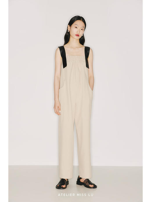 【时髦玛丽奥】环保皮革肩带燕麦浅驼松紧阔腿连体裤/22000001 商品图0