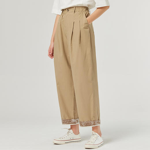 famecoco范可儿印花拼接阔脚裤夏季新款白色纯棉休闲裤女直筒高腰F223GA005 商品图3