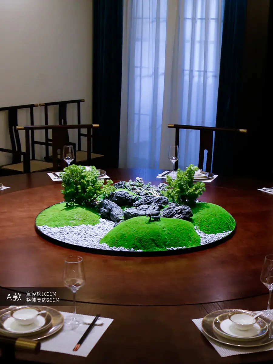酒店餐桌花摆花高端新中式大圆桌装饰摆件餐厅中间转盘造景微景观