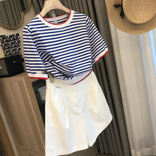 「79元入手！针织款」清爽蓝白条纹宽松圆领/V领海魂衫针织衫T恤女夏薄上衣 商品图4