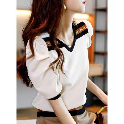 TGG-上衣2022夏季新款别致小众时尚宽松显瘦拼色泡泡袖薄款针织上衣女 商品图1