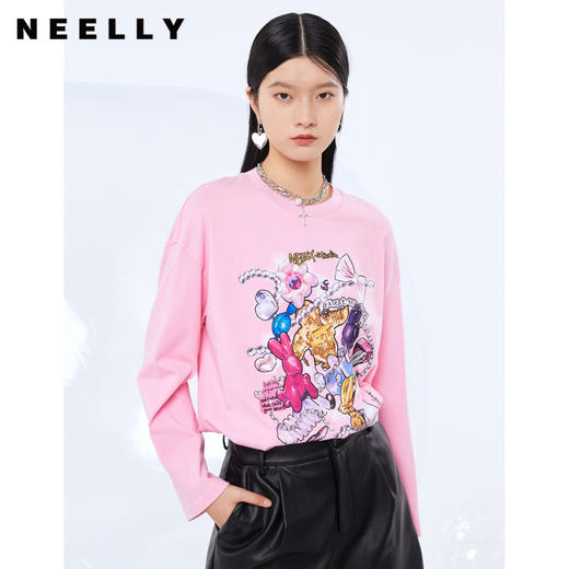 NEELLY纳俪秋季圆领撞色字母印花T恤女全棉宽松打底衫外穿上衣N21091T01180 商品图0