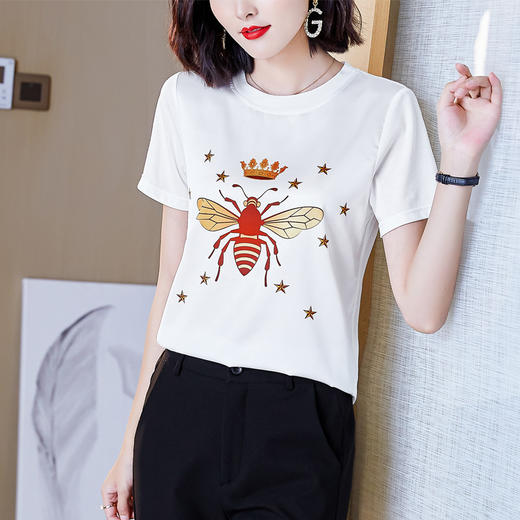 宽松显瘦短，仿真丝袖T恤印花圆领打底小衫上衣KQL-9770 商品图3