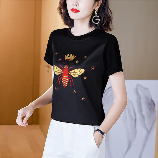 宽松显瘦短，仿真丝袖T恤印花圆领打底小衫上衣KQL-9770 商品图1