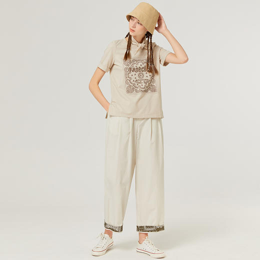 famecoco范可儿印花拼接阔脚裤夏季新款白色纯棉休闲裤女直筒高腰F223GA005 商品图2