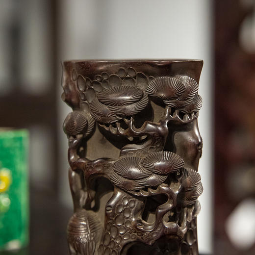 清 紫檀木透雕松鹤延年笔筒 商品图1