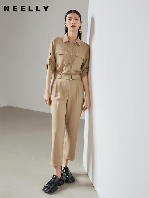 NEELLY纳俪工装风连体裤女收腰短袖套装夏2022新款长款休闲直筒裤N22044Q04426 商品图0