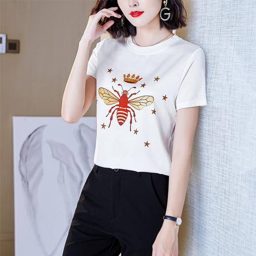 宽松显瘦短，仿真丝袖T恤印花圆领打底小衫上衣KQL-9770 商品图0