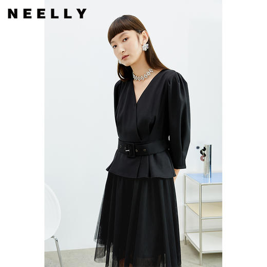 NEELLY纳俪商场同款V领泡泡袖上衣拼接纱裙女中长款不规则连衣裙N22032Y01165 商品图2