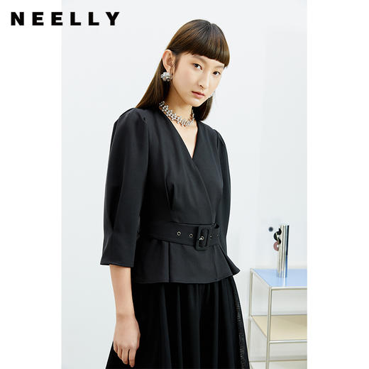 NEELLY纳俪商场同款V领泡泡袖上衣拼接纱裙女中长款不规则连衣裙N22032Y01165 商品图1