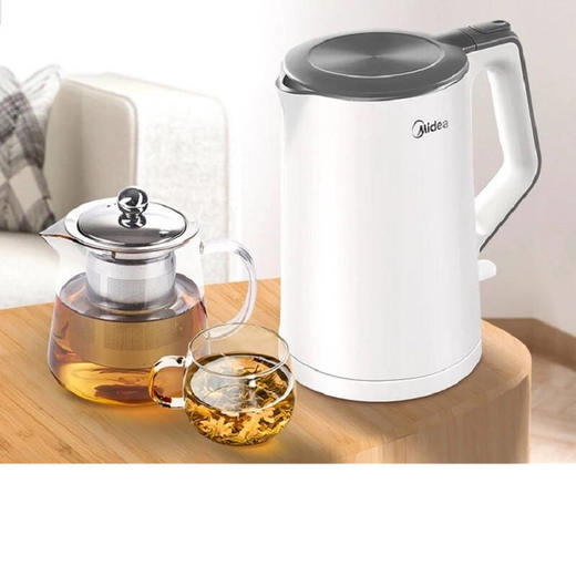 美的电热水壶双层304不锈钢1.5L升家用白色进口温控自动断电防烫线下同款无缝内胆HJ1522 商品图1