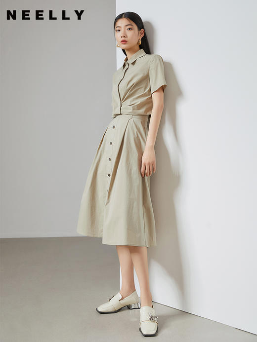 NEELLY纳俪夏季半身裙女立体打褶显瘦A字裙单排扣装饰中长款百搭 商品图1
