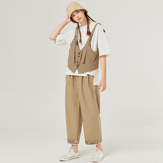 famecoco范可儿印花拼接阔脚裤夏季新款白色纯棉休闲裤女直筒高腰F223GA005 商品图4