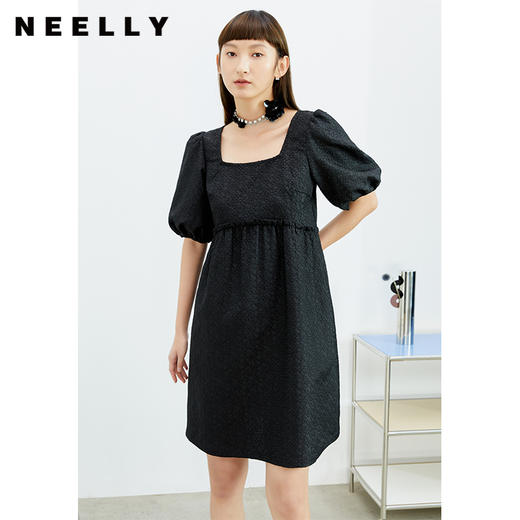 NEELLY纳俪法式复古方领娃娃裙中长款连衣裙女泡泡袖高腰小黑裙潮N22032Y01164 商品图0